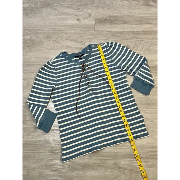 Lauren Ralph Lauren Women Top Striped Henley Long Sleeve Lace Up Blue White Sz L - Picture 5 of 14